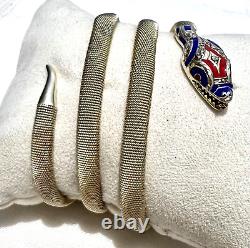 Vintage Art Deco Blue & Red Enamel Sterling Silver Mesh SNAKE Wrap Bracelet