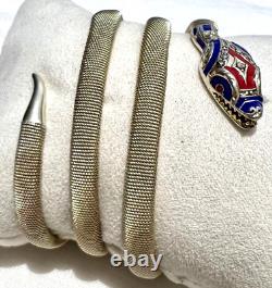 Vintage Art Deco Blue & Red Enamel Sterling Silver Mesh SNAKE Wrap Bracelet