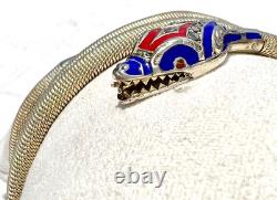 Vintage Art Deco Blue & Red Enamel Sterling Silver Mesh SNAKE Wrap Bracelet