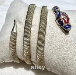 Vintage Art Deco Blue & Red Enamel Sterling Silver Mesh SNAKE Wrap Bracelet