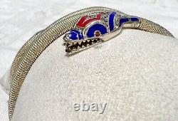 Vintage Art Deco Blue & Red Enamel Sterling Silver Mesh SNAKE Wrap Bracelet