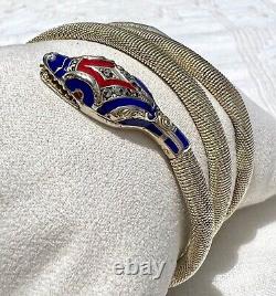 Vintage Art Deco Blue & Red Enamel Sterling Silver Mesh SNAKE Wrap Bracelet