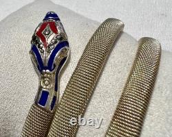 Vintage Art Deco Blue & Red Enamel Sterling Silver Mesh SNAKE Wrap Bracelet