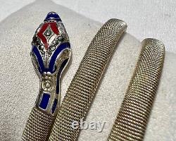 Vintage Art Deco Blue & Red Enamel Sterling Silver Mesh SNAKE Wrap Bracelet