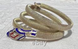 Vintage Art Deco Blue & Red Enamel Sterling Silver Mesh SNAKE Wrap Bracelet
