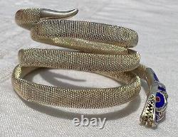 Vintage Art Deco Blue & Red Enamel Sterling Silver Mesh SNAKE Wrap Bracelet