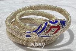 Vintage Art Deco Blue & Red Enamel Sterling Silver Mesh SNAKE Wrap Bracelet