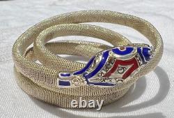 Vintage Art Deco Blue & Red Enamel Sterling Silver Mesh SNAKE Wrap Bracelet