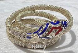 Vintage Art Deco Blue & Red Enamel Sterling Silver Mesh SNAKE Wrap Bracelet