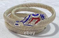 Vintage Art Deco Blue & Red Enamel Sterling Silver Mesh SNAKE Wrap Bracelet