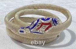 Vintage Art Deco Blue & Red Enamel Sterling Silver Mesh SNAKE Wrap Bracelet