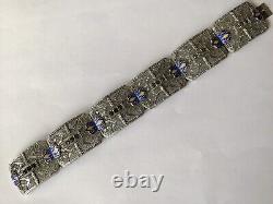 Vintage Art Deco Blue & Yellow Enamel & Gray Rhinestone Filigree Bracelet D7