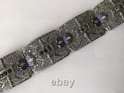 Vintage Art Deco Blue & Yellow Enamel & Gray Rhinestone Filigree Bracelet D7