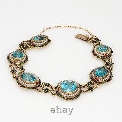 Vintage Art Deco Bracelet Blue Zircon Pearl Enamel 14k Yellow Gold 7 Jewelry