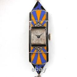 Vintage Art Deco Ladies Sterling Silver & Blue, YellowithOrange Enamel Watch