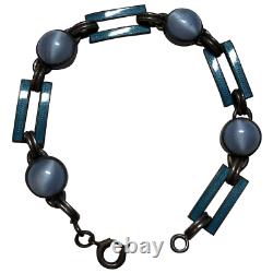 Vintage Art Deco Sterling Silver Blue Enamel & Glass Cabochon Bracelet