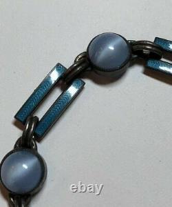 Vintage Art Deco Sterling Silver Blue Enamel & Glass Cabochon Bracelet