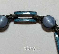 Vintage Art Deco Sterling Silver Blue Enamel & Glass Cabochon Bracelet