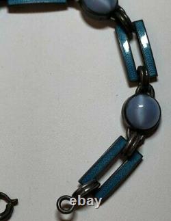 Vintage Art Deco Sterling Silver Blue Enamel & Glass Cabochon Bracelet