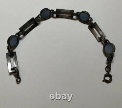 Vintage Art Deco Sterling Silver Blue Enamel & Glass Cabochon Bracelet