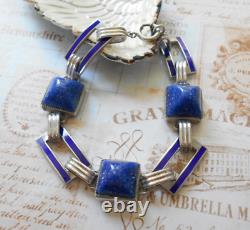 Vintage Art Deco Sterling Silver Lapis Lazuli Sugarloaf Enamel Bracelet 6049A