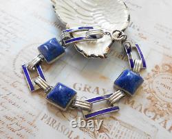 Vintage Art Deco Sterling Silver Lapis Lazuli Sugarloaf Enamel Bracelet 6049A