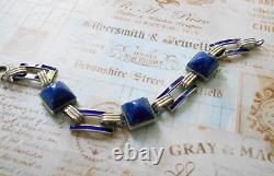 Vintage Art Deco Sterling Silver Lapis Lazuli Sugarloaf Enamel Bracelet 6049A