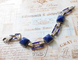 Vintage Art Deco Sterling Silver Lapis Lazuli Sugarloaf Enamel Bracelet 6049A