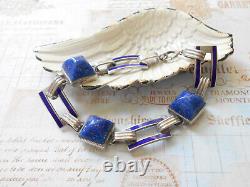 Vintage Art Deco Sterling Silver Lapis Lazuli Sugarloaf Enamel Bracelet 6049A