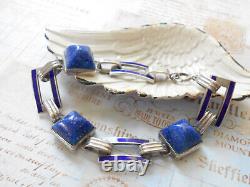 Vintage Art Deco Sterling Silver Lapis Lazuli Sugarloaf Enamel Bracelet 6049A