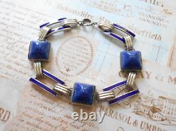 Vintage Art Deco Sterling Silver Lapis Lazuli Sugarloaf Enamel Bracelet 6049A