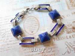 Vintage Art Deco Sterling Silver Lapis Lazuli Sugarloaf Enamel Bracelet 6049A