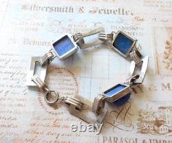 Vintage Art Deco Sterling Silver Lapis Lazuli Sugarloaf Enamel Bracelet 6049A