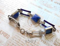 Vintage Art Deco Sterling Silver Lapis Lazuli Sugarloaf Enamel Bracelet 6049A