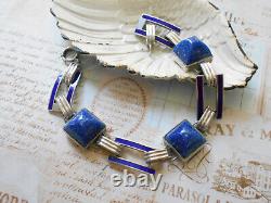 Vintage Art Deco Sterling Silver Lapis Lazuli Sugarloaf Enamel Bracelet 6049A