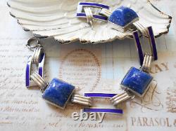 Vintage Art Deco Sterling Silver Lapis Lazuli Sugarloaf Enamel Bracelet 6049A