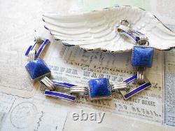 Vintage Art Deco Sterling Silver Lapis Lazuli Sugarloaf Enamel Bracelet 6049A