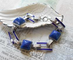 Vintage Art Deco Sterling Silver Lapis Lazuli Sugarloaf Enamel Bracelet 6049A