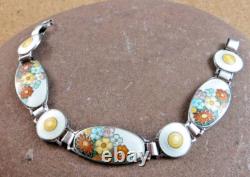 Vintage Art Deco Sterling Silver Orange Blue Enamel Wild Flowers Bracelet #268