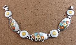 Vintage Art Deco Sterling Silver Orange Blue Enamel Wild Flowers Bracelet #268