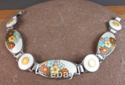 Vintage Art Deco Sterling Silver Orange Blue Enamel Wild Flowers Bracelet #268
