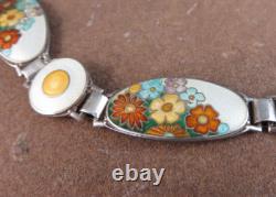 Vintage Art Deco Sterling Silver Orange Blue Enamel Wild Flowers Bracelet #268