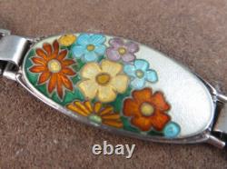 Vintage Art Deco Sterling Silver Orange Blue Enamel Wild Flowers Bracelet #268