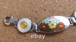 Vintage Art Deco Sterling Silver Orange Blue Enamel Wild Flowers Bracelet #268