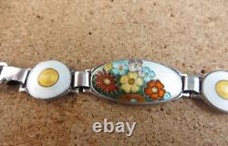 Vintage Art Deco Sterling Silver Orange Blue Enamel Wild Flowers Bracelet #268