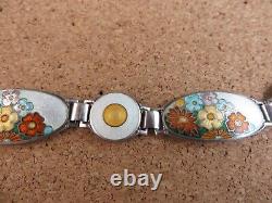 Vintage Art Deco Sterling Silver Orange Blue Enamel Wild Flowers Bracelet #268