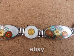 Vintage Art Deco Sterling Silver Orange Blue Enamel Wild Flowers Bracelet #268