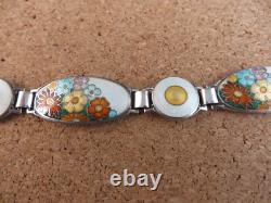 Vintage Art Deco Sterling Silver Orange Blue Enamel Wild Flowers Bracelet #268