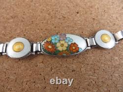 Vintage Art Deco Sterling Silver Orange Blue Enamel Wild Flowers Bracelet #268