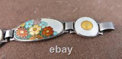 Vintage Art Deco Sterling Silver Orange Blue Enamel Wild Flowers Bracelet #268